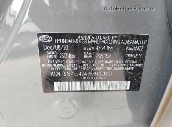 5NPEL4JA9MH100604 2021 HYUNDAI SONATA Gray Widok naklejki z numerem VIN