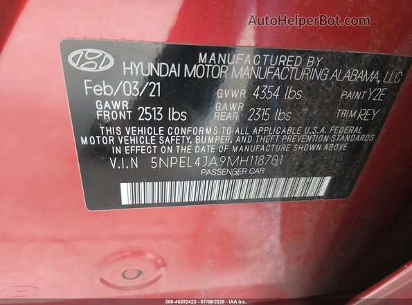 5NPEL4JA9MH118701 2021 HYUNDAI SONATA Red Вид підкапотного простору