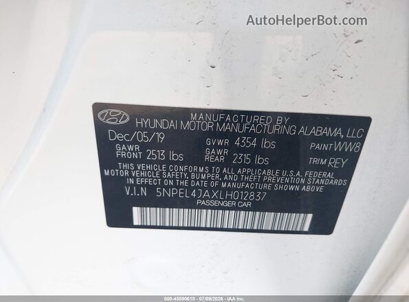 5NPEL4JAXLH012837 2020 HYUNDAI SONATA White Շարժիչի բաժամունքի տեսք