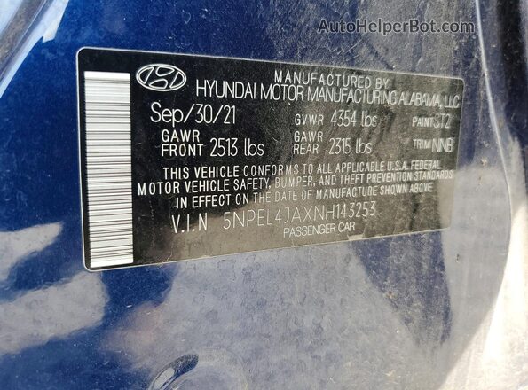 5NPEL4JAXNH143253 2022 HYUNDAI SONATA Blue Vista del compartimento del motor