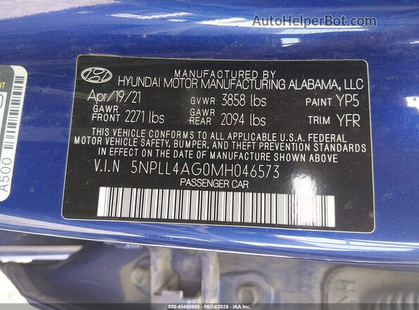 5NPLL4AG0MH046573 2021 HYUNDAI ELANTRA Blue ძრავის განყოფილების ხედი