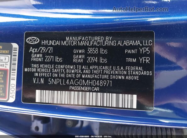 5NPLL4AG0MH048971 2021 HYUNDAI ELANTRA Синий Вид подкапотного пространства