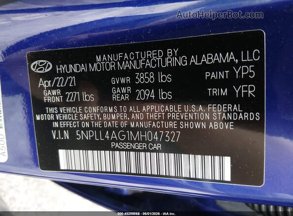 5NPLL4AG1MH047327 2021 HYUNDAI ELANTRA Blue Widok komory silnika