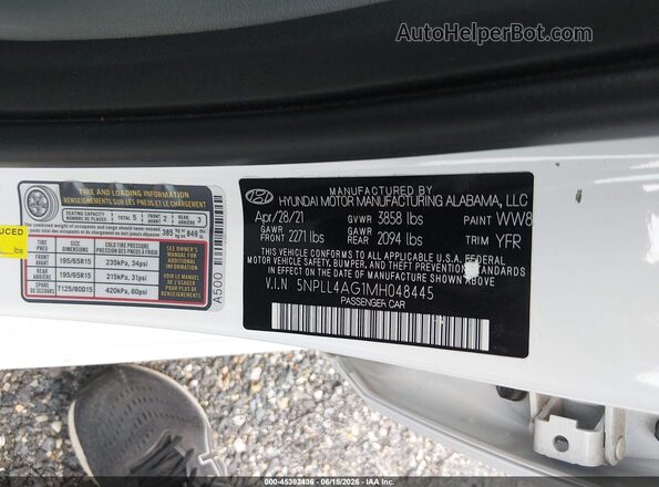5NPLL4AG1MH048445 2021 HYUNDAI ELANTRA White Widok komory silnika