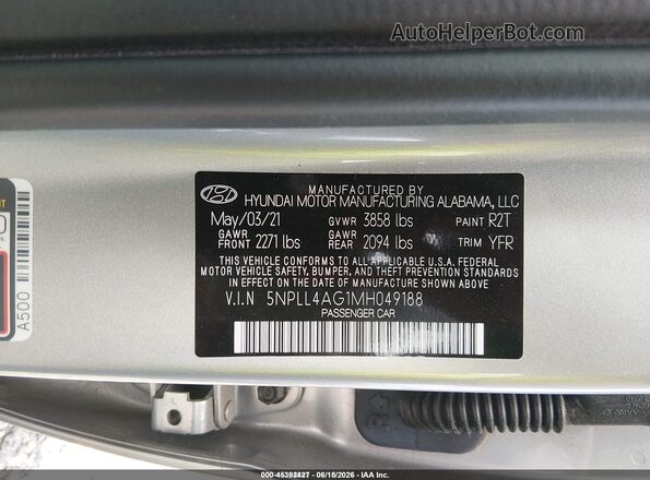 5NPLL4AG1MH049188 2021 HYUNDAI ELANTRA Silver ძრავის განყოფილების ხედი