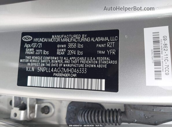 5NPLL4AG2MH046333 2021 HYUNDAI ELANTRA Серебряный Вид подкапотного пространства
