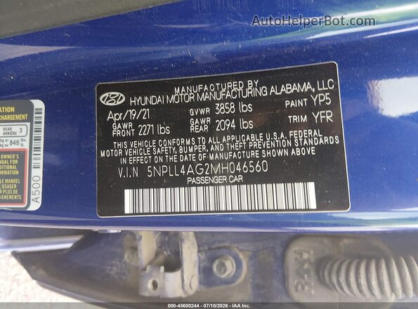 5NPLL4AG2MH046560 2021 HYUNDAI ELANTRA Blue ძრავის განყოფილების ხედი