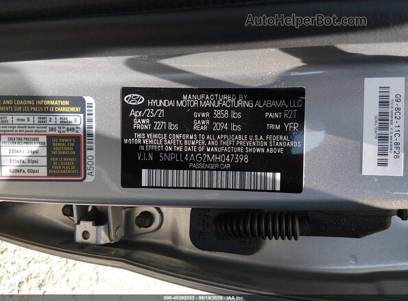 5NPLL4AG2MH047398 2021 HYUNDAI ELANTRA Silver Вид підкапотного простору