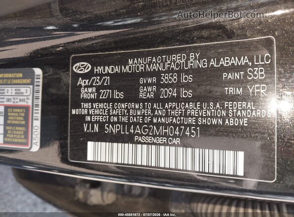 5NPLL4AG2MH047451 2021 HYUNDAI ELANTRA Серый Вид подкапотного пространства