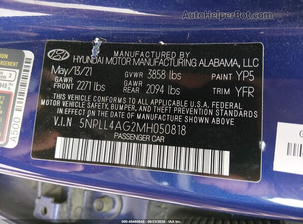 5NPLL4AG2MH050818 2021 HYUNDAI ELANTRA Blue ძრავის განყოფილების ხედი
