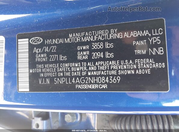 5NPLL4AG2NH084369 2022 HYUNDAI ELANTRA Синий Вид подкапотного пространства