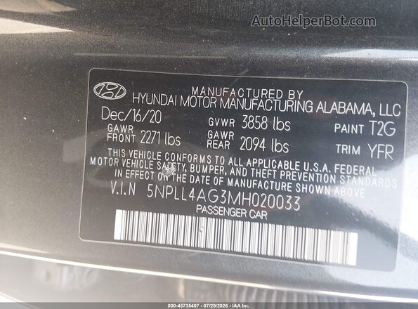 5NPLL4AG3MH020033 2021 HYUNDAI ELANTRA Gray Widok komory silnika