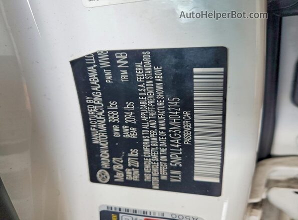 5NPLL4AG3MH042145 2021 HYUNDAI ELANTRA Белый Вид наклейки с VIN-кодом