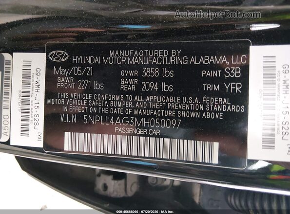 5NPLL4AG3MH050097 2021 HYUNDAI ELANTRA Black ძრავის განყოფილების ხედი