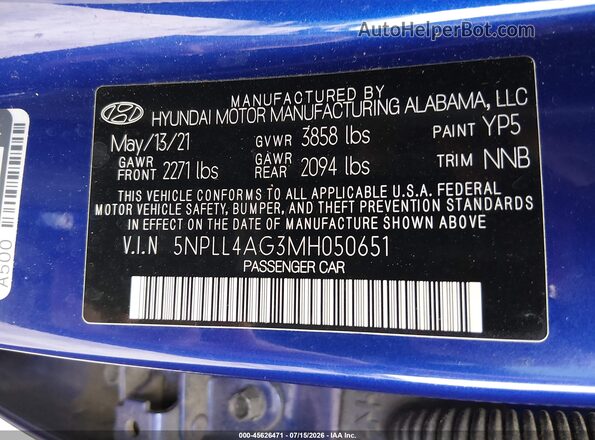 5NPLL4AG3MH050651 2021 HYUNDAI ELANTRA Blue Vista del compartimento del motor