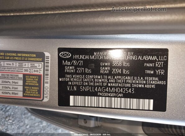 5NPLL4AG4MH042543 2021 HYUNDAI ELANTRA Silver Vista del compartimento del motor