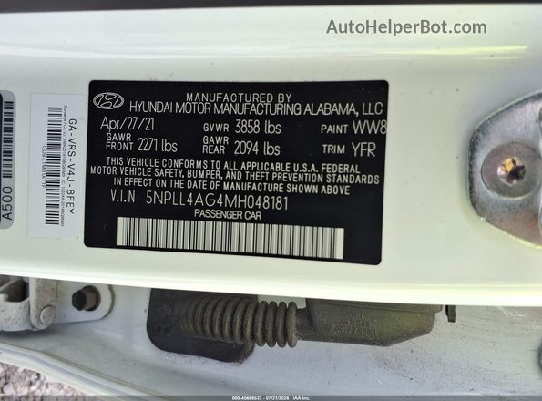 5NPLL4AG4MH048181 2021 HYUNDAI ELANTRA White Շարժիչի բաժամունքի տեսք