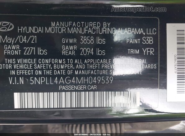 5NPLL4AG4MH049539 2021 HYUNDAI ELANTRA Black Engine compartment view