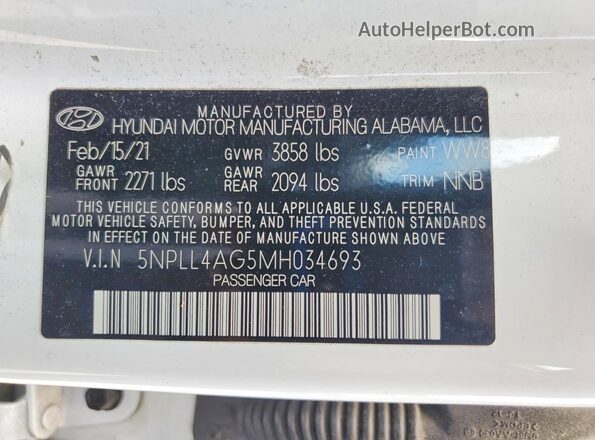 5NPLL4AG5MH034693 2021 HYUNDAI ELANTRA White Engine compartment view