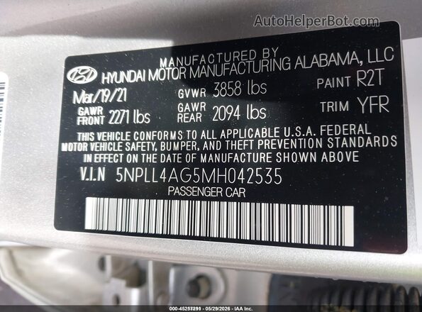 5NPLL4AG5MH042535 2021 HYUNDAI ELANTRA Silver Vista del compartimento del motor