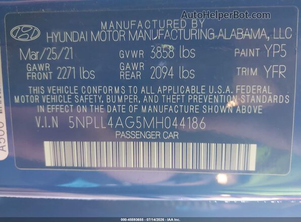 5NPLL4AG5MH044186 2021 HYUNDAI ELANTRA Blue Вид підкапотного простору