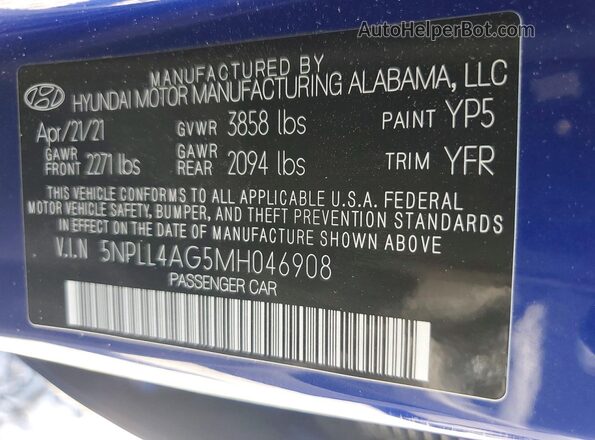 5NPLL4AG5MH046908 2021 HYUNDAI ELANTRA Blue Շարժիչի բաժամունքի տեսք