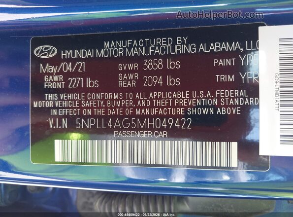 5NPLL4AG5MH049422 2021 HYUNDAI ELANTRA Синий Вид подкапотного пространства