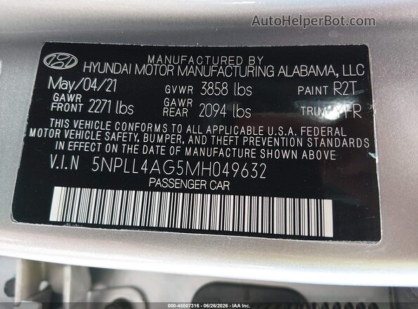 5NPLL4AG5MH049632 2021 HYUNDAI ELANTRA Silver Widok komory silnika