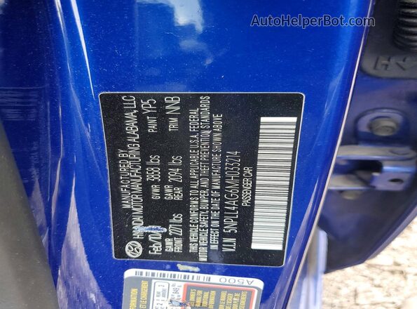 5NPLL4AG6MH033214 2021 HYUNDAI ELANTRA Blue Engine compartment view