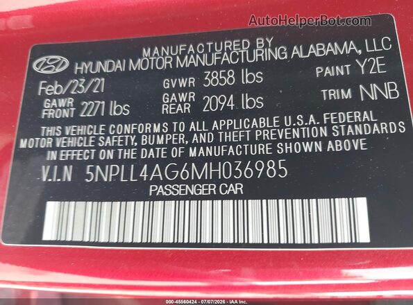 5NPLL4AG6MH036985 2021 HYUNDAI ELANTRA Red Շարժիչի բաժամունքի տեսք
