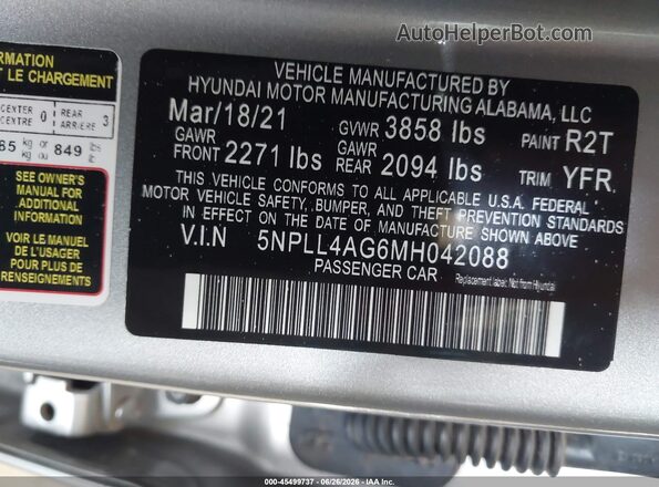 5NPLL4AG6MH042088 2021 HYUNDAI ELANTRA Gray Widok komory silnika