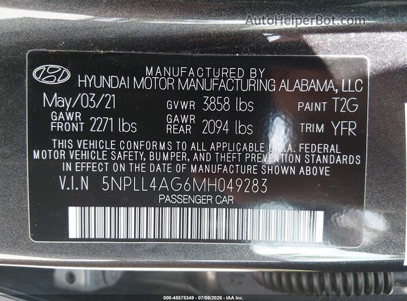 5NPLL4AG6MH049283 2021 HYUNDAI ELANTRA Gray Vista del compartimento del motor