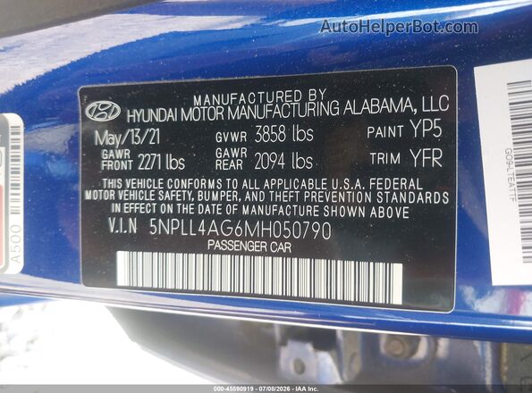 5NPLL4AG6MH050790 2021 HYUNDAI ELANTRA Blue Vista del compartimento del motor