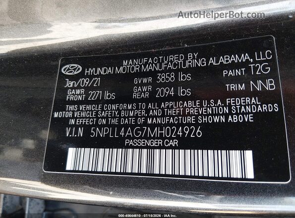 5NPLL4AG7MH024926 2021 HYUNDAI ELANTRA Gray Engine compartment view