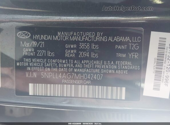 5NPLL4AG7MH042407 2021 HYUNDAI ELANTRA Gray Շարժիչի բաժամունքի տեսք