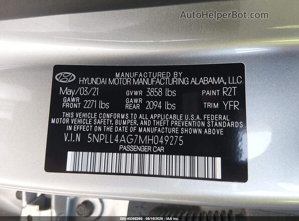 5NPLL4AG7MH049275 2021 HYUNDAI ELANTRA Silver Вид підкапотного простору