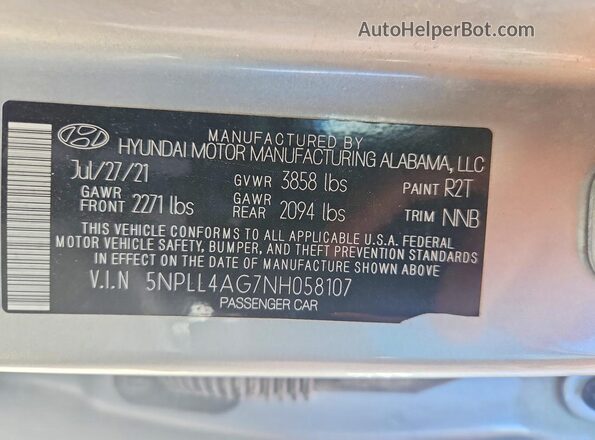 5NPLL4AG7NH058107 2022 HYUNDAI ELANTRA Silver Շարժիչի բաժամունքի տեսք