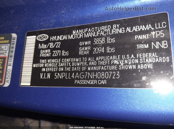 5NPLL4AG7NH080723 2022 HYUNDAI ELANTRA Blue Engine compartment view