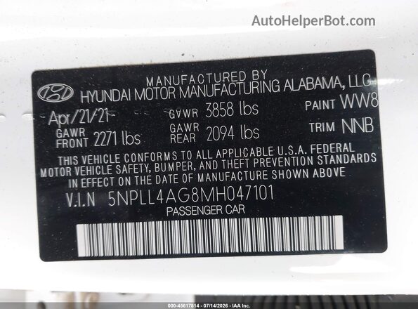 5NPLL4AG8MH047101 2021 HYUNDAI ELANTRA White ძრავის განყოფილების ხედი