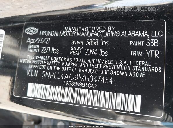 5NPLL4AG8MH047454 2021 HYUNDAI ELANTRA Black Շարժիչի բաժամունքի տեսք