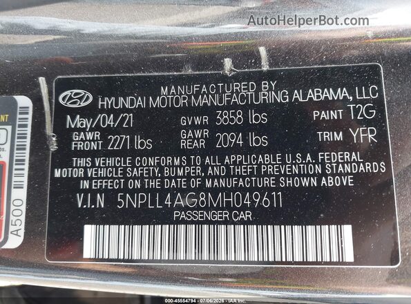 5NPLL4AG8MH049611 2021 HYUNDAI ELANTRA Gray Вид підкапотного простору