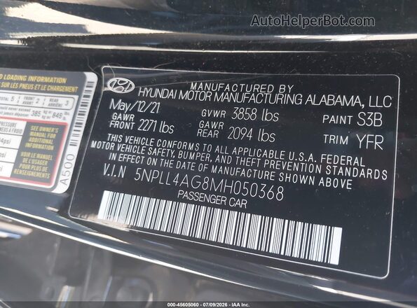 5NPLL4AG8MH050368 2021 HYUNDAI ELANTRA Черный Вид подкапотного пространства