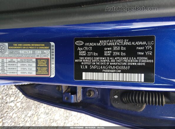 5NPLL4AG9MH048869 2021 HYUNDAI ELANTRA Blue Շարժիչի բաժամունքի տեսք