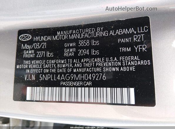 5NPLL4AG9MH049276 2021 HYUNDAI ELANTRA Серебряный Вид подкапотного пространства
