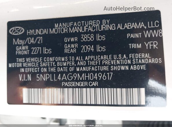 5NPLL4AG9MH049617 2021 HYUNDAI ELANTRA White Widok komory silnika