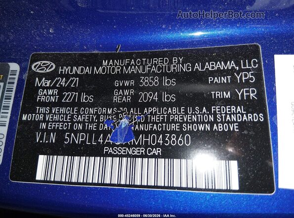 5NPLL4AGXMH043860 2021 HYUNDAI ELANTRA Синий Вид подкапотного пространства