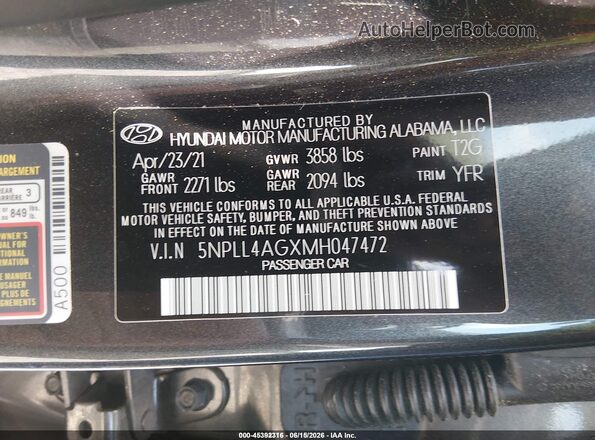 5NPLL4AGXMH047472 2021 HYUNDAI ELANTRA Gray Widok komory silnika