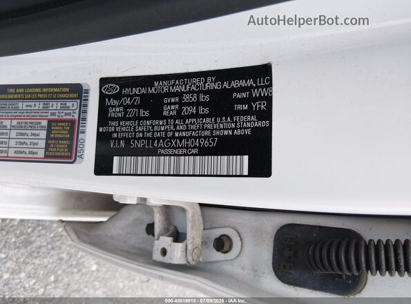 5NPLL4AGXMH049657 2021 HYUNDAI ELANTRA Белый Вид подкапотного пространства