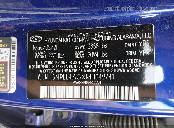 5NPLL4AGXMH049741 2021 HYUNDAI ELANTRA Blue Vista del compartimento del motor