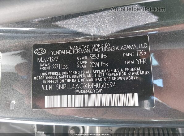 5NPLL4AGXMH050694 2021 HYUNDAI ELANTRA Gray Vista del compartimento del motor